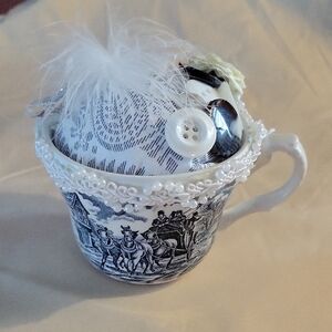 Vintage Blue and White Decorative Teacup Pincushion  Hand Made